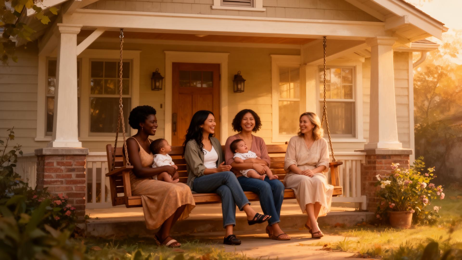 Young mothers of diverse cultures sitting together on a porch bench swing at golden hour, holding their babies